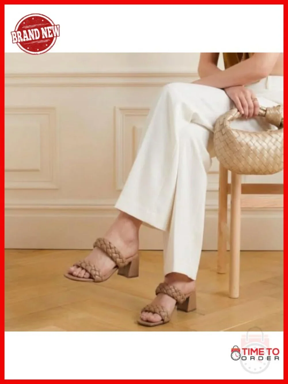 Braided Block Heel Sandals Vegan Leather Memory Foam Slip On Heels
